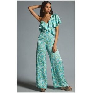 New Anthropologie Corey Lynn Calter Silky Ruffle Wide-Leg Jumpsuit Small Petite